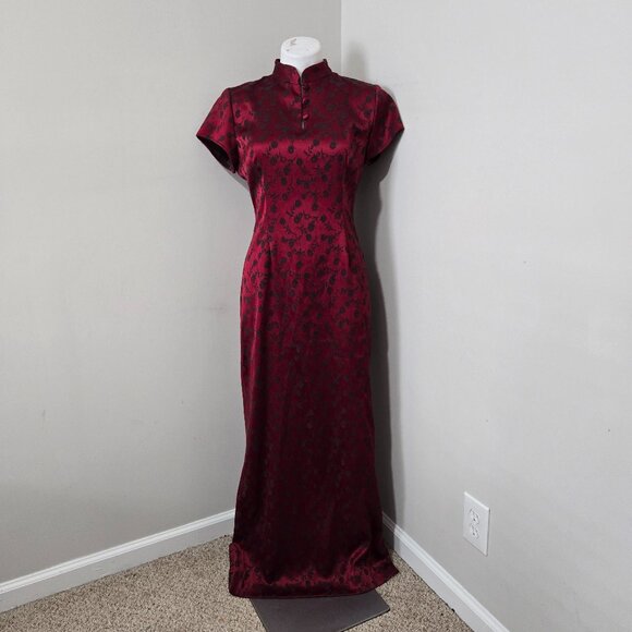 Sz 8 90s Vintage Harlow Nites Red & Black S/S Stretch Jacquard Column Gown - Picture 1 of 9